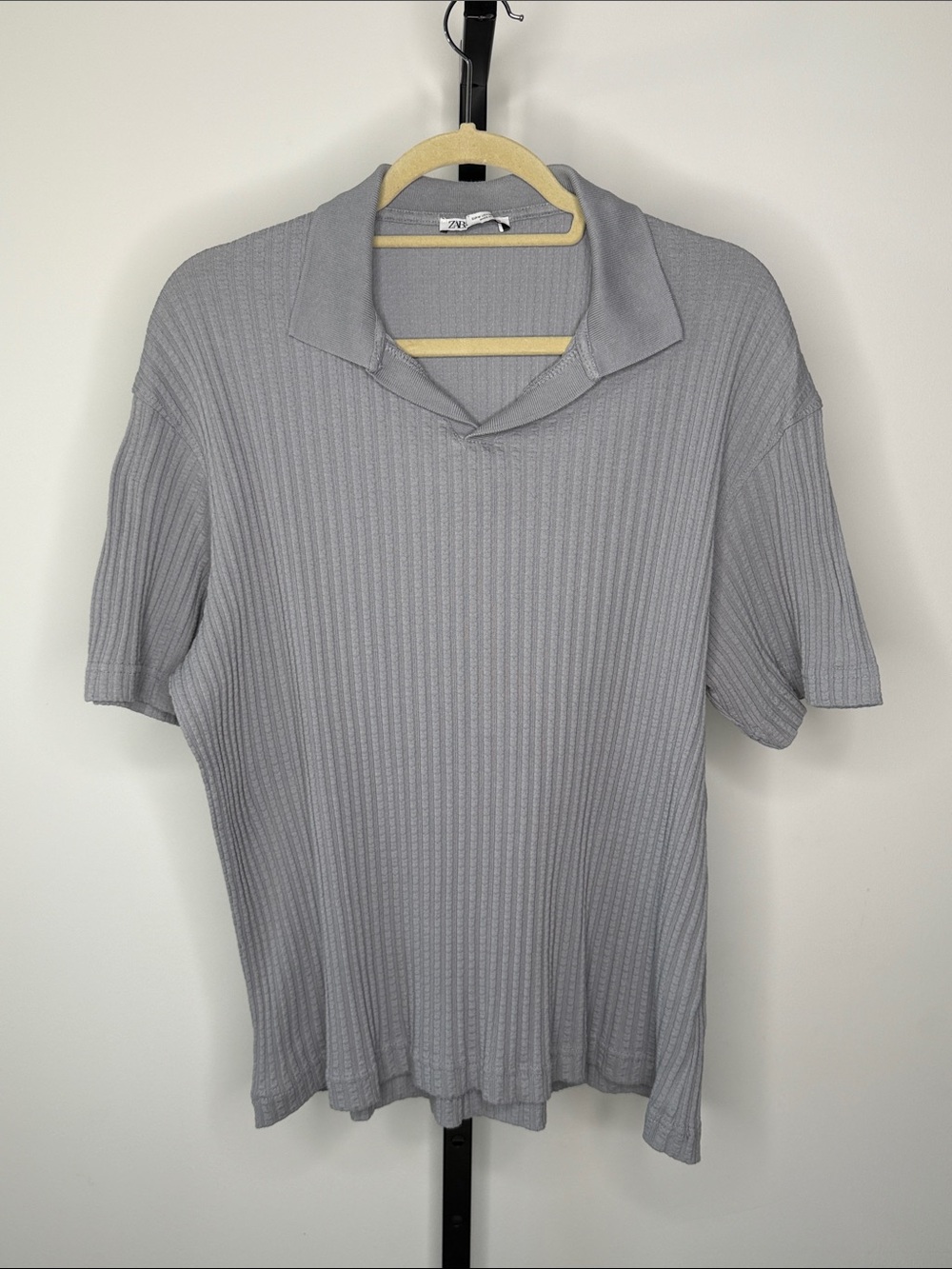 Zara Men's Ribbed Short-Sleeve Polo - Gray